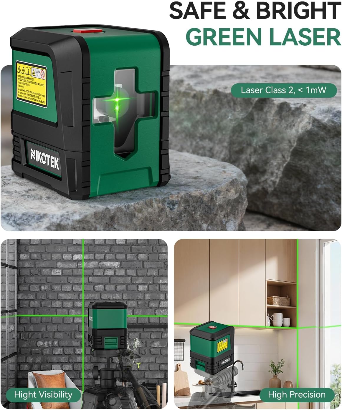 Nikotek Laser Level, Self-leveling Green Line Laser With Horizontal and Vertical Lines for Construction and Picture Hanging, Battery Included (NK01G)
