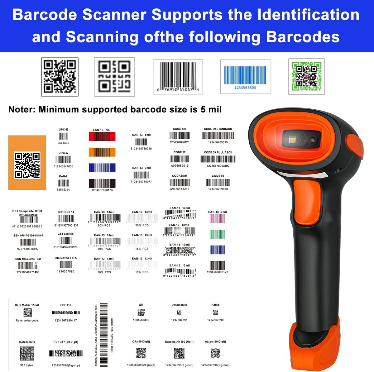LENVII CW200 2D Barcode Scanner Wireless 2 in 1 Handhold Barcode Reader QR Code Scanner USB Bar Code Scanner for Shop use Store,Supermarket, Warehouse (Orange)