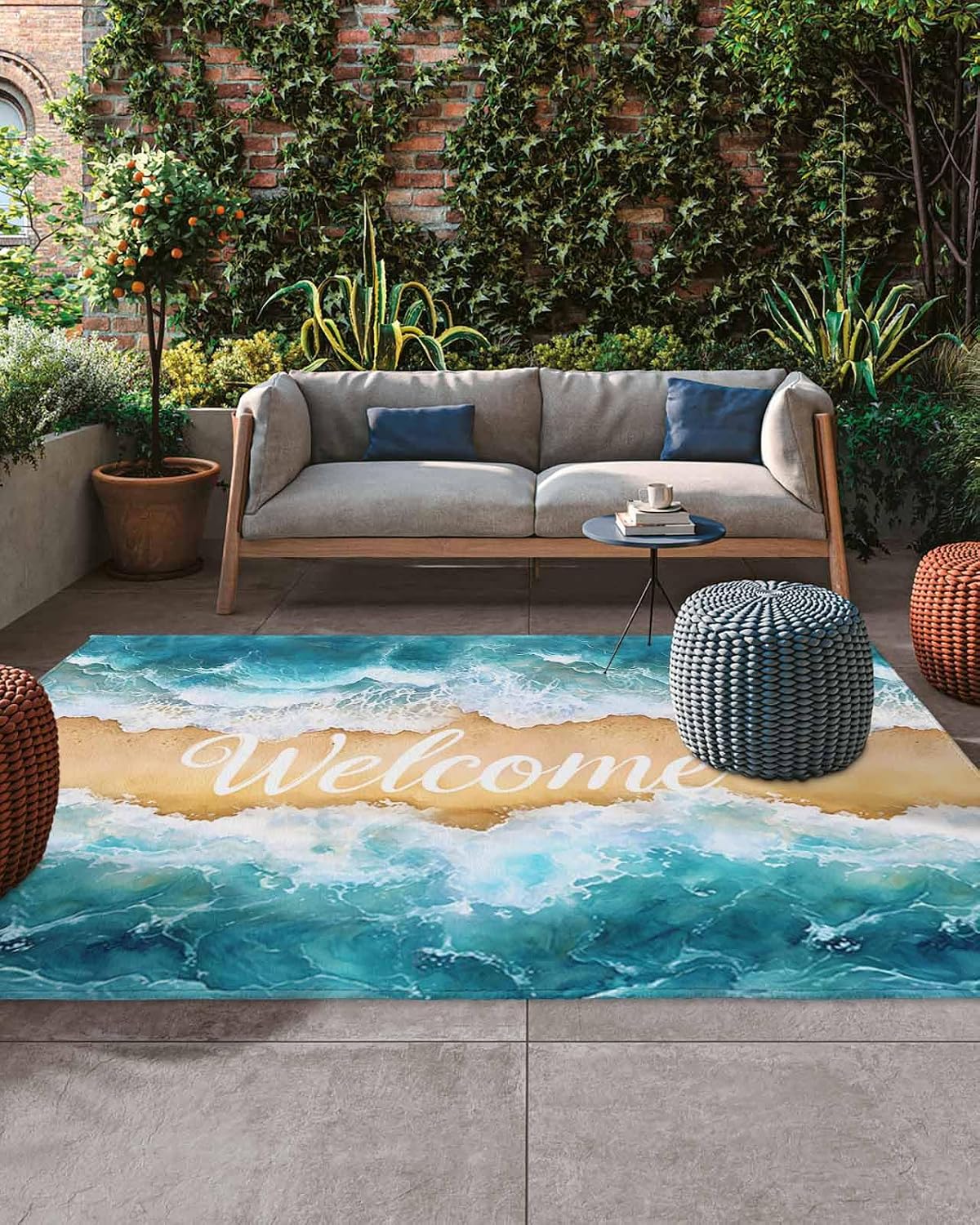 Welcome Summer Beach Outdoor Rug 5x8ft, Waterproof Indoor Outdoor Rug for Patio, Watercolor Ocean Camping Carpet Mat Outside Area Rug for RV Picnic Beach Balcony Deck Backyard