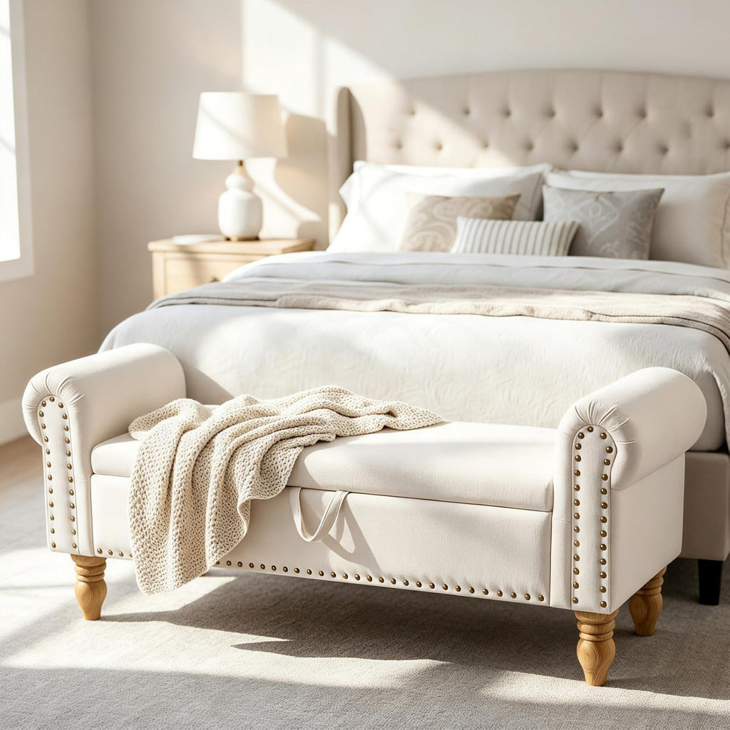 55" End of Bed Bench, Upholstered Bench with Storage, Queen, Beige