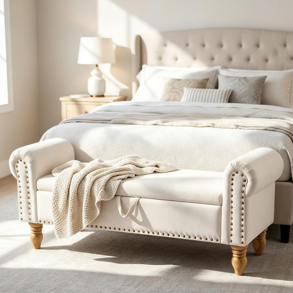 55" End of Bed Bench, Upholstered Bench with Storage, Queen, Beige