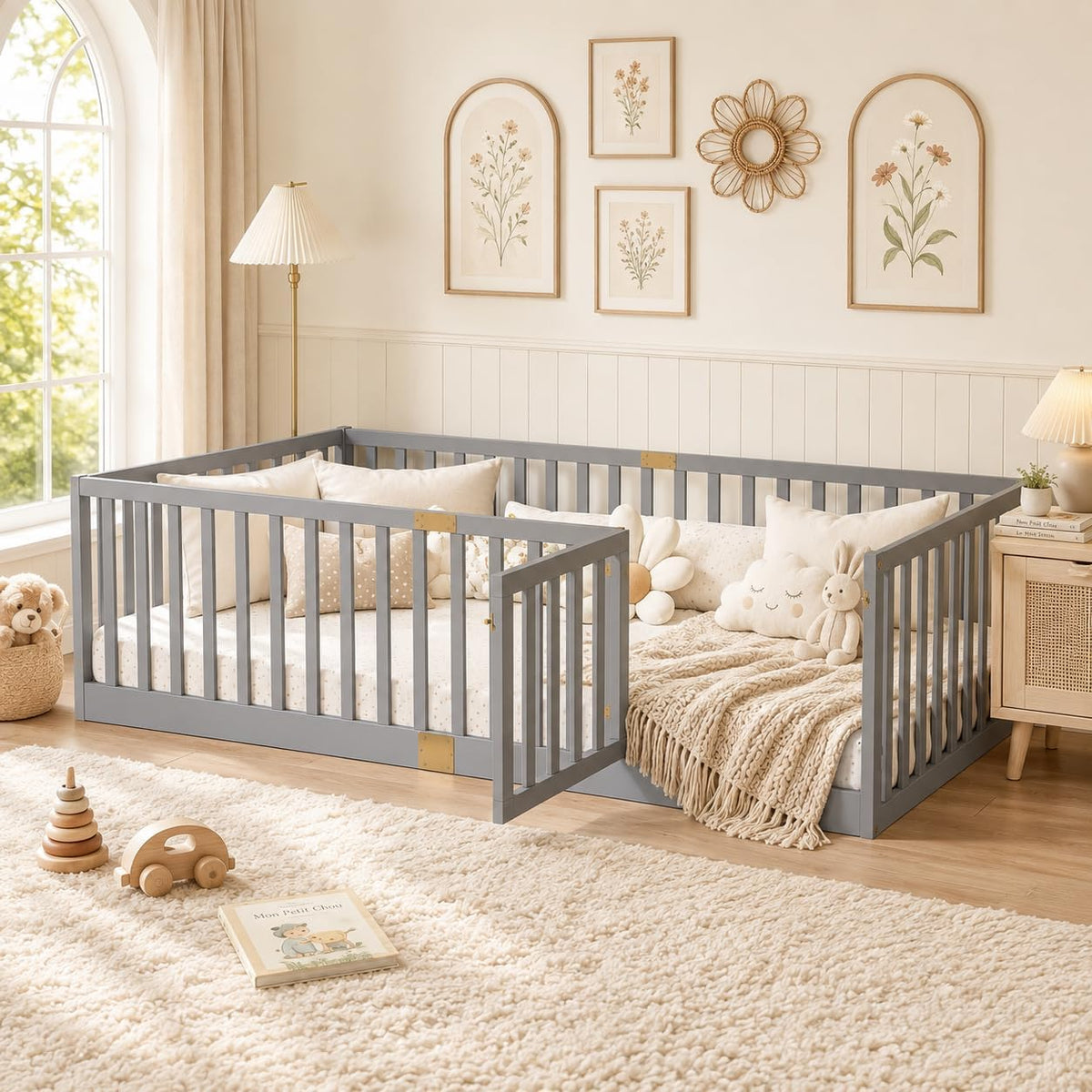 Full Montessori Floor Bed with High Rails, Door & Slats for Kids, Natural