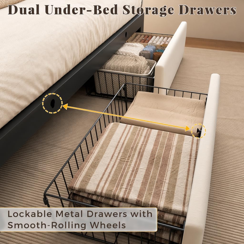 Queen Bed Frame with 2 Storage Drawers, Beige Velvet Upholstered