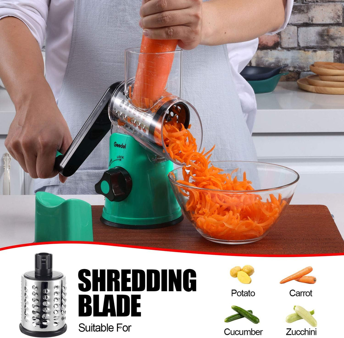 Geedel Rotary Cheese Grater, Kitchen Mandoline Vegetable Slicer with 3 Interchangeable Blades, Easy to Clean Rotary Grater Slicer for Fruit, Vegetables