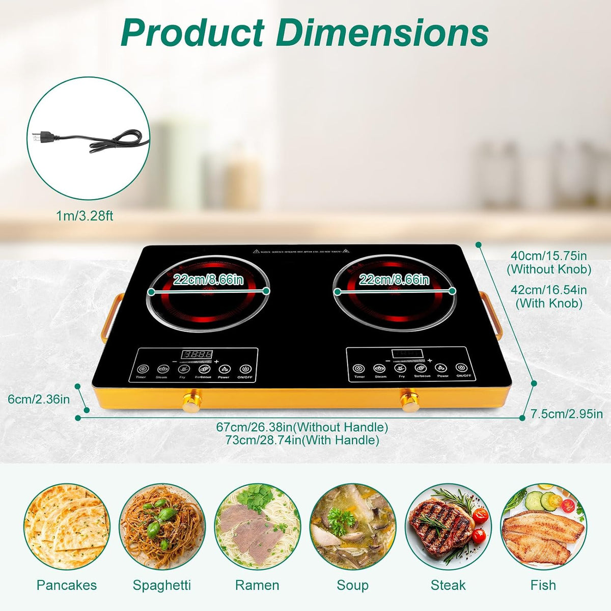 Electric Countertop Double Burner, 7000W Ceramic Cooktop with Crystal Glass Hot Plate & Stay Cool Handles, 12 Level Temperature Control, LED Display, Touch Control, Cooking Stove for Home Camping RV