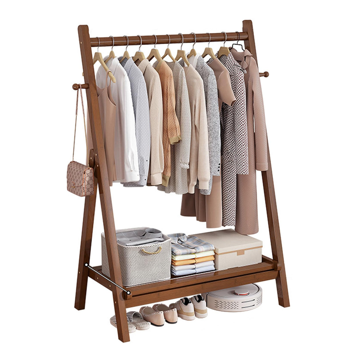 Unique Coat Rack Stand, Bamboo Clothing Rack Foldable Clothes Hanging Stand with Storage Shelf for Laundry, Guest Room, Apartment, Entryway