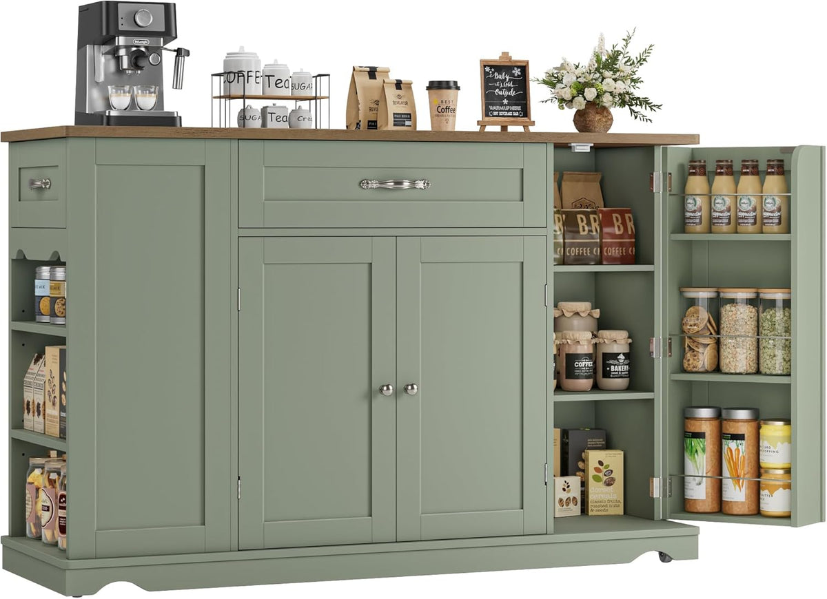 HOSTACK 47" W Kitchen Island Cart with Storage, Rolling Island Table, Green