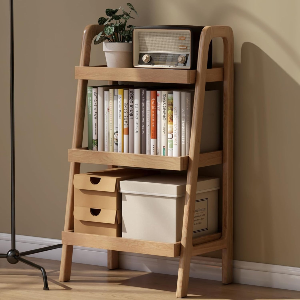 100% Solid Oak 4 Tier Ladder Shelf for Saving Space, Small Bookshelf with Stable Frame, Free Standing Ladder Shelves for Living Room Bedroom Couch(Natural,17.32" D x 16.53" W x 53.54" H)