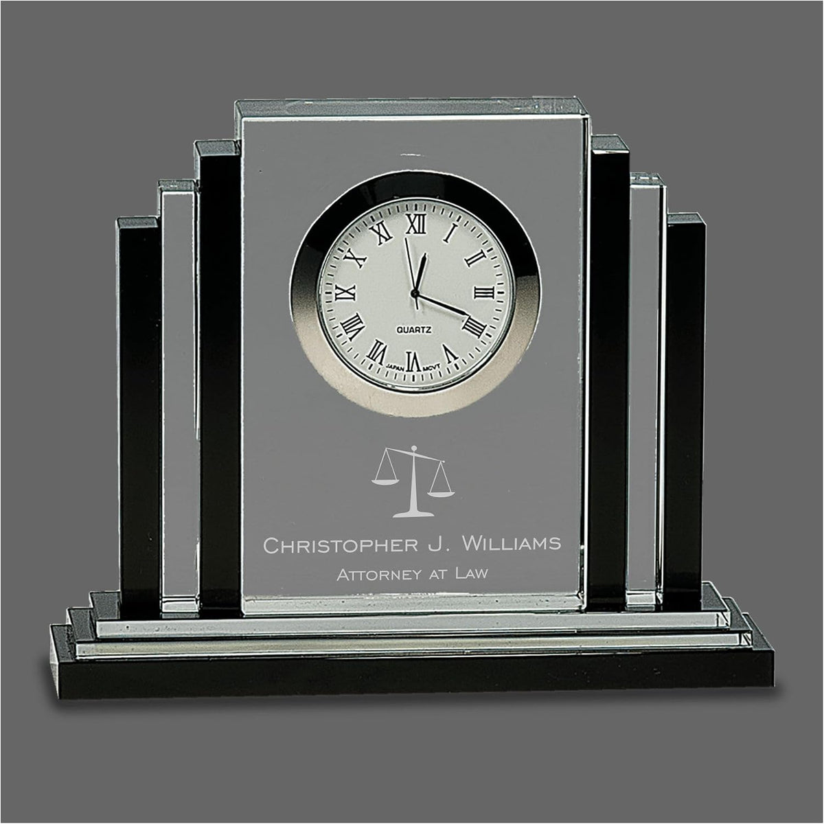 Personalized Crystal Clock for Lawyer Attorney, Engraved Glass Desk Clock with Scales of Justice and Custom Text, Office Decor, Graduation Gift