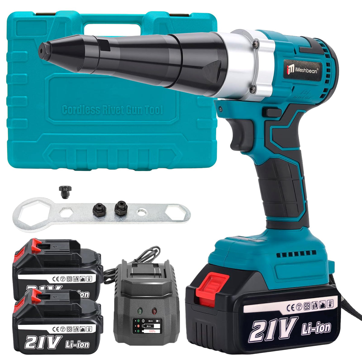 Cordless Rivet Gun,Automatic Brushless Riveter Tool Kit for Rivets 2.4 / 3.2 / 4.0 / 4.8 mm,Portable 21V Lithium-ion Electric with 2 3.0Ah Battery for Stainless Steel, Aluminum Rivets (2 batteries)