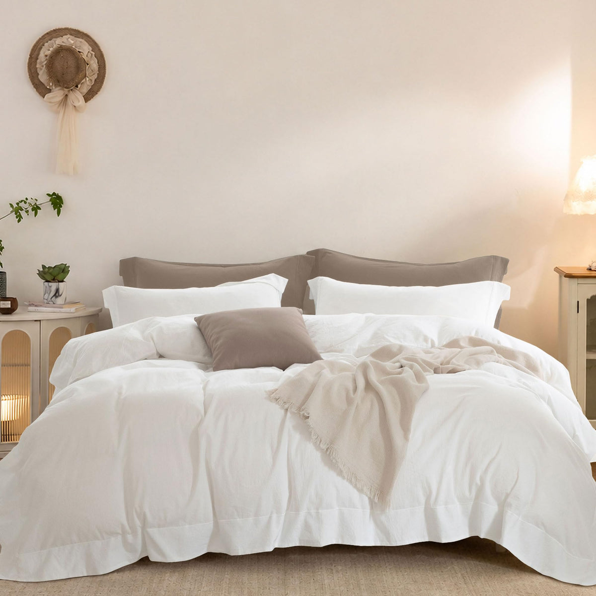 Duvet Cover Set Washed Cotton Embroidered Hem King 3‑Pcs