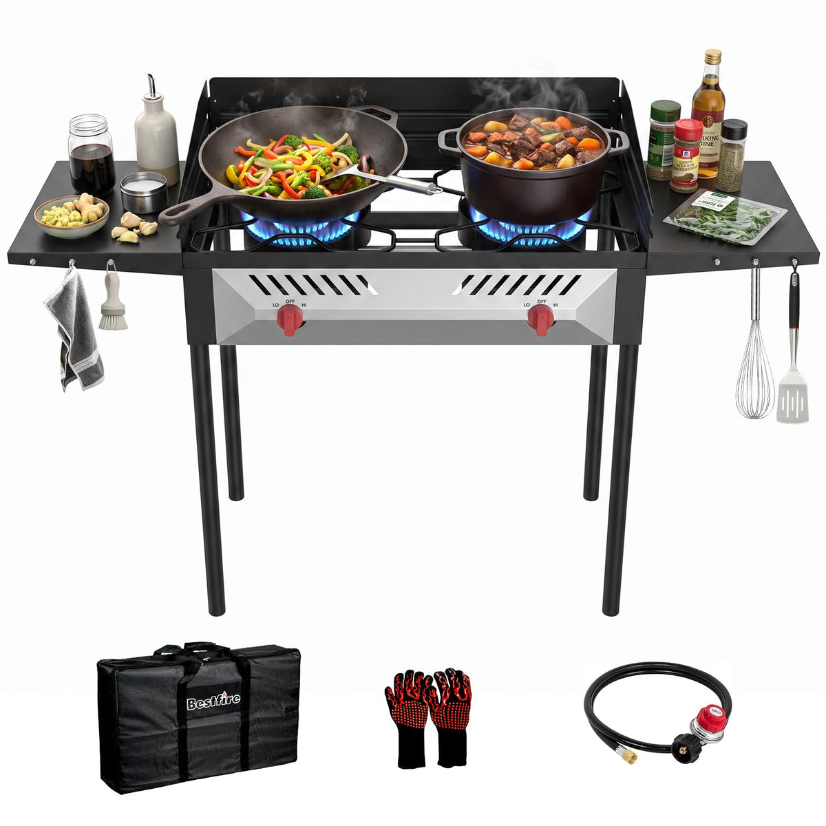 BESTFIRE 2 Burner Camping Stove,150,000 BTU High Pressure Outdoor Propane,4ft 20 PSI Adjustable Regulator Hose With Removable Legs for Backyard Cooking Camping Home