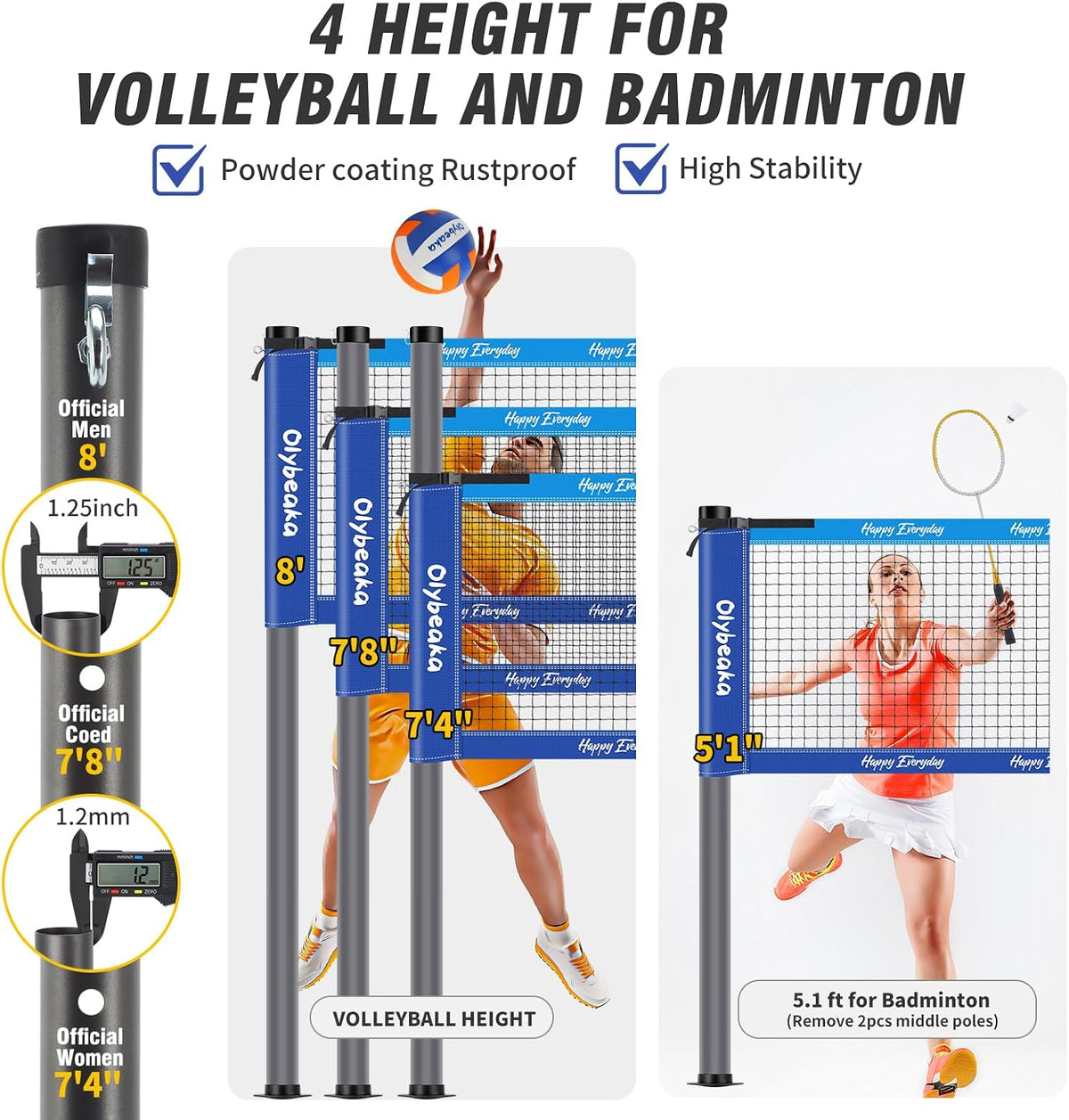 32FT Volleyball Badminton Combo Net Set System, 4 Heights Adjustbale