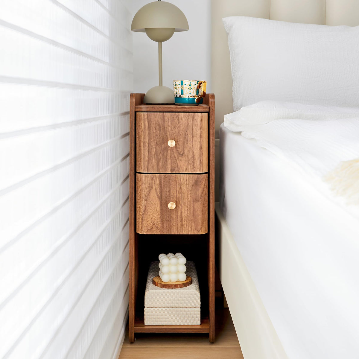 Narrow Nightstand Set of 2, Wooden Small 2 Drawer Nightstand, Slim Side End Table, Skinny Bedside Table, Mid Century Modern Night Stand with Drawers for Bedroom (Walnut-2 pcs)
