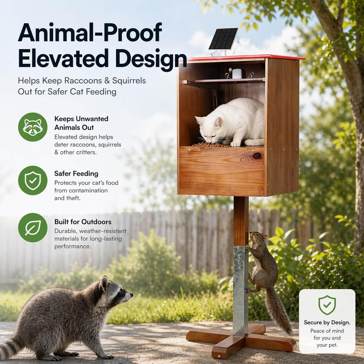 Outdoor Cat Feeding Station with Camera, Solar Powered Raccoon Proof Feral Cat Feeder, Weatherproof Elevated Outdoor Cat Feeder with Dual Viewing Angles & App Alerts