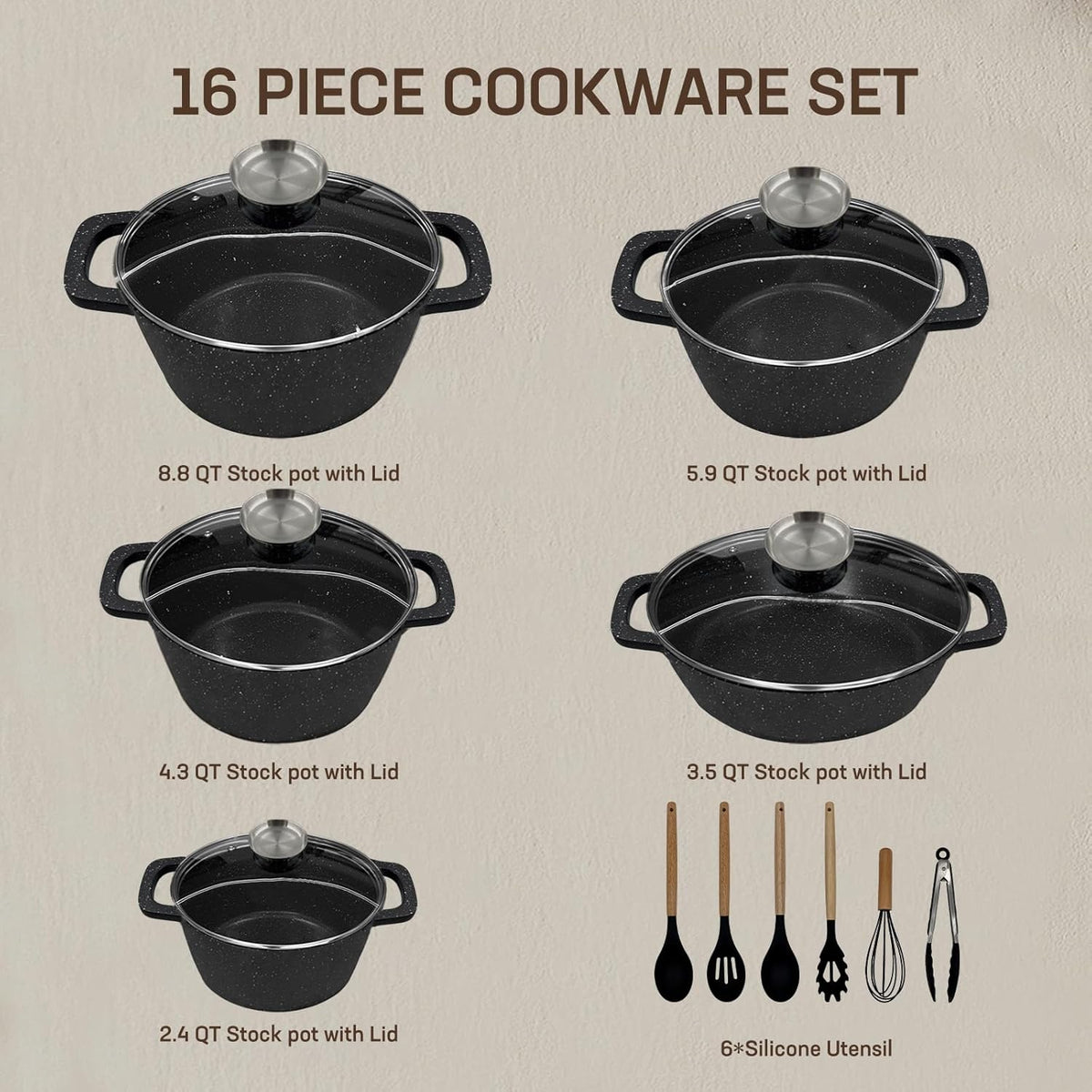 16PCS Nonstick Pots and Pans Set, Premium Nonstick Cookware with Lids and Utensils, 2.4QT to 8.8QT Casseroles, Healthy Kitchen Cookware Set, Dishwasher Safe, Induction Compatible, Black