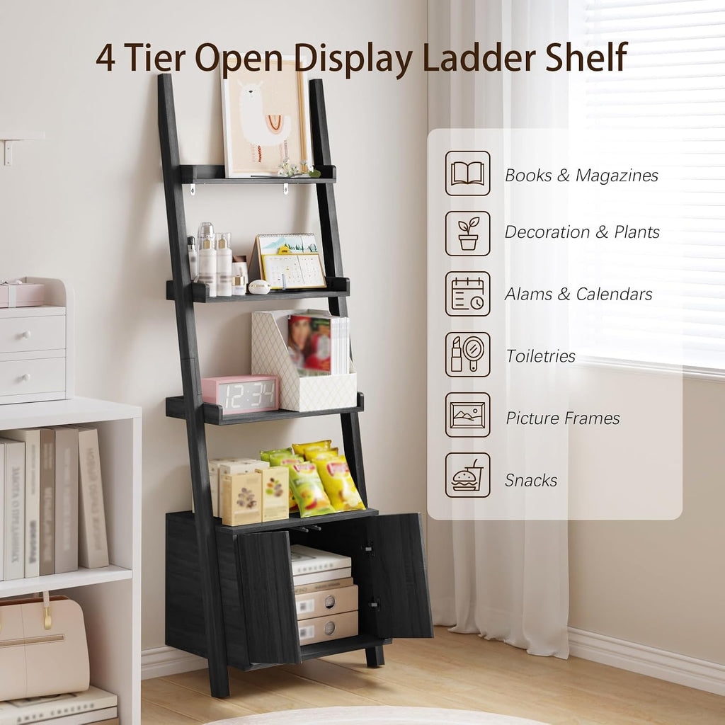 4-Tier Ladder Bookshelf with Storage Cabinet,Display Shelf,Black