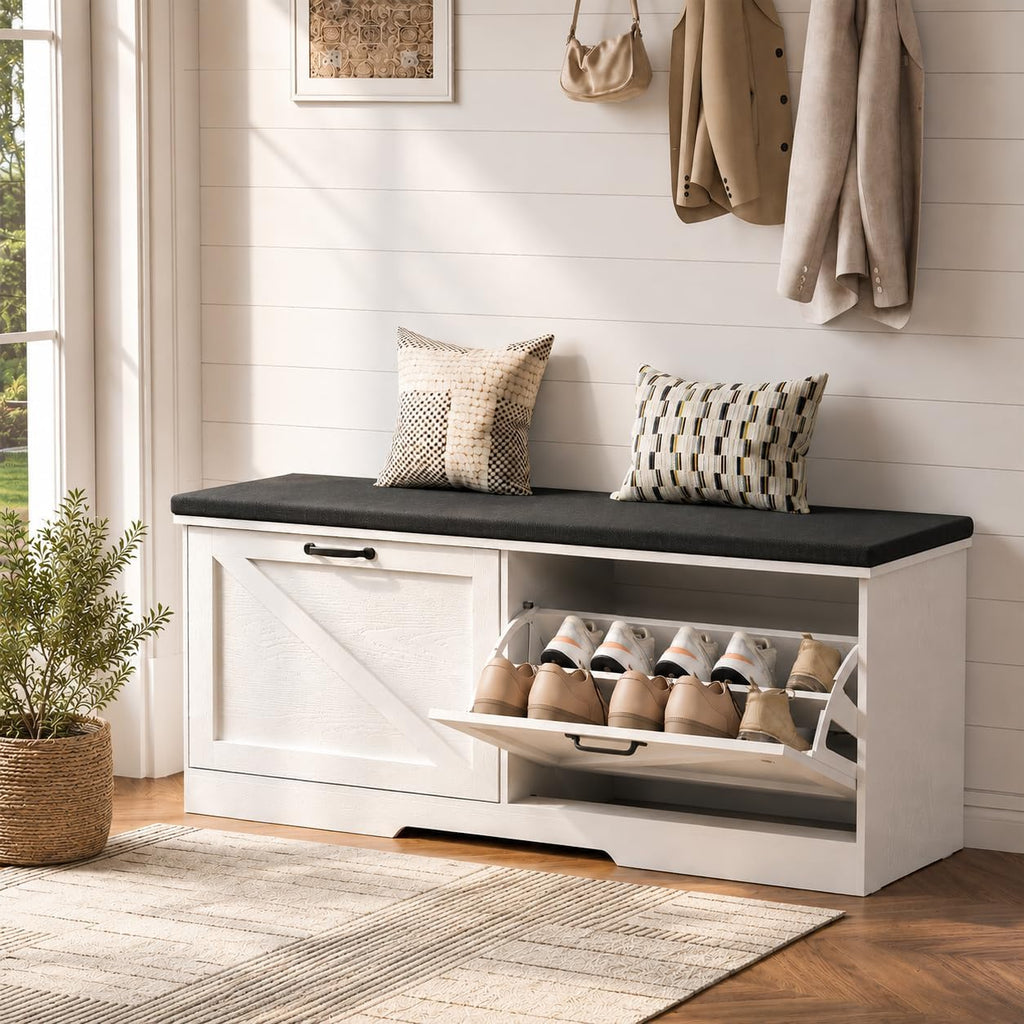 Farmhouse Shoe Storage Bench with Seat Cushion & 2 Flip Drawers