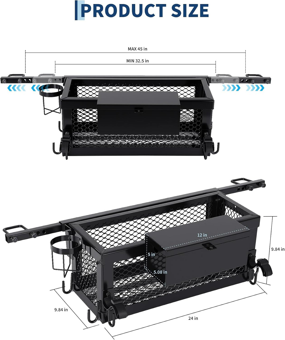 Garvee Heavy Duty Tractor Tool Box, Tractor Basket Accessories with Storage Bag, Hook, and Ratchet Strap, 24x10x10in Tractor Basket Attachment, Fit for Most Tractors and Zero Turn Mower