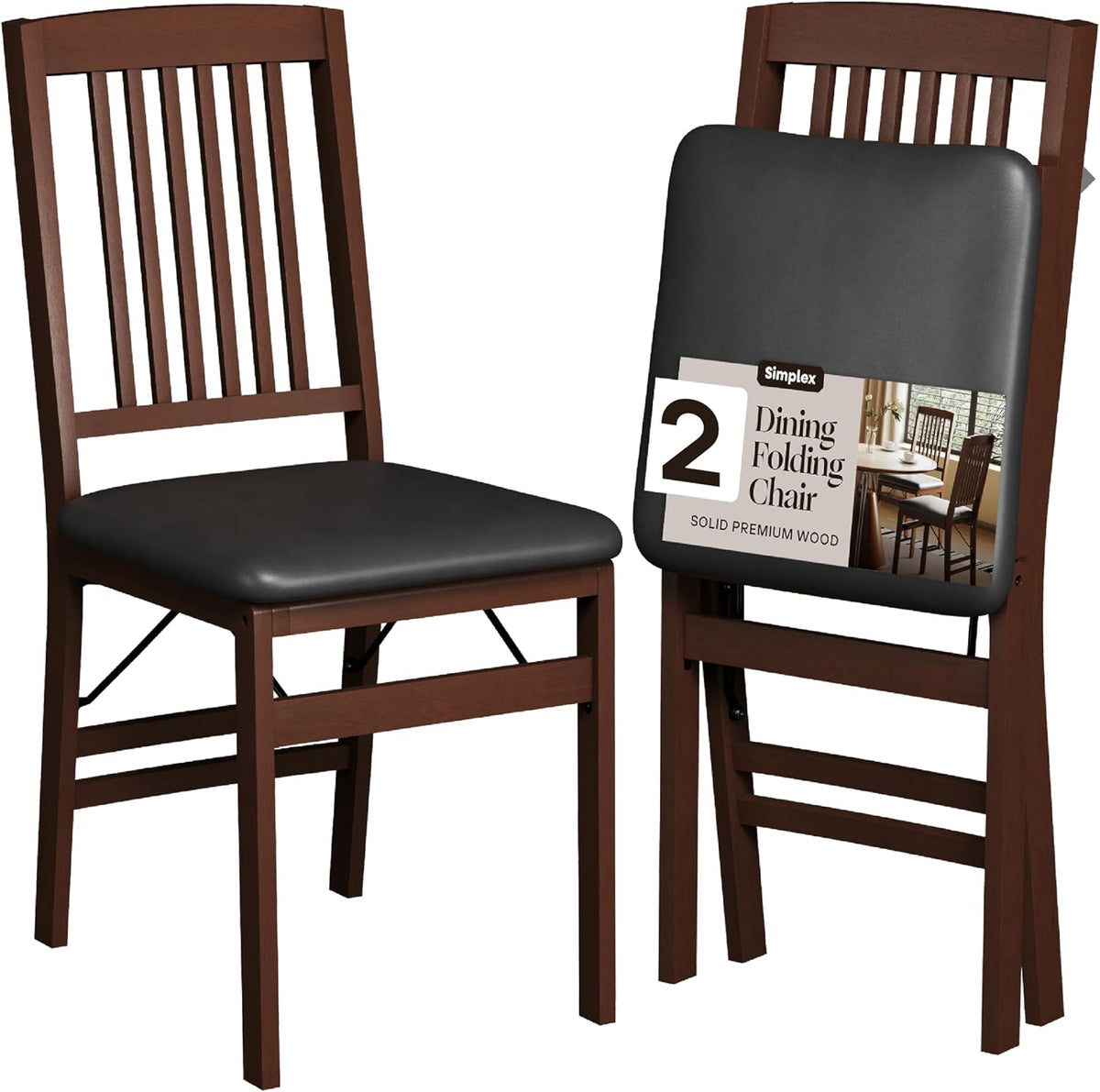 SIMPLEX Folding Wood Dining Chairs, Padded, No Assembly, 2 Pack
