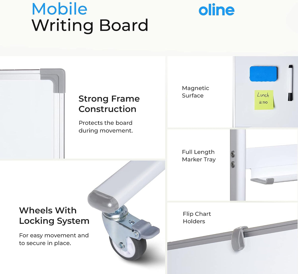 Oline Mobile Whiteboard 48 x 36 Inch Large Height Adjust 360° Magnetic Rolling Double Sided Reversible Dry Erase Board (48x36, White & Silver)