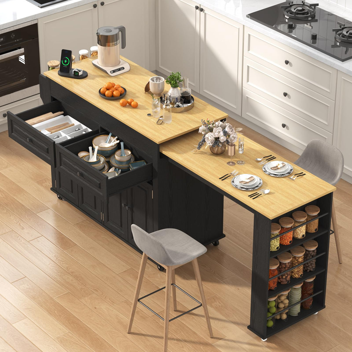 80"-48" Extendable Kitchen Island with Extended Dining Table and Power Outlet,Large Mobile Kitchen Storage Islands with 2 Storage Drawers,Rolling Islands Cart with 3 Extra Rows Open Shelves(White)