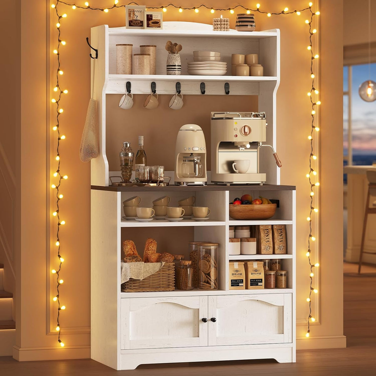 Bakers Rack with Storage and Power Outlet, 31.5 inch Farmhouse Coffee Bar Cabinet, Microwave Stand with Storage Cabinet, 7 Hooks and Curved Design for Kitchen, Coffee Bar, Walnut, White