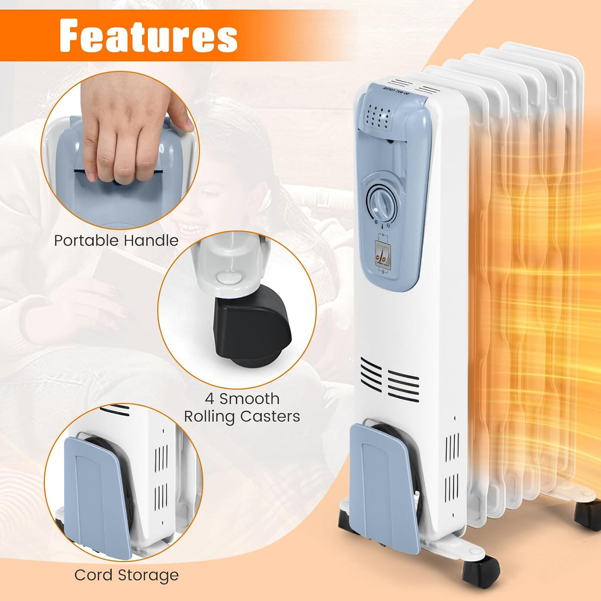 Happygrill 1500W Oil Heater, Portable Oil Space Heater w/Adjustable Thermostat, 3 Heat Settings, Overheat & Tip-Over Protection, Electric Radiator Heater for Indoor Use Living Room Bedroom