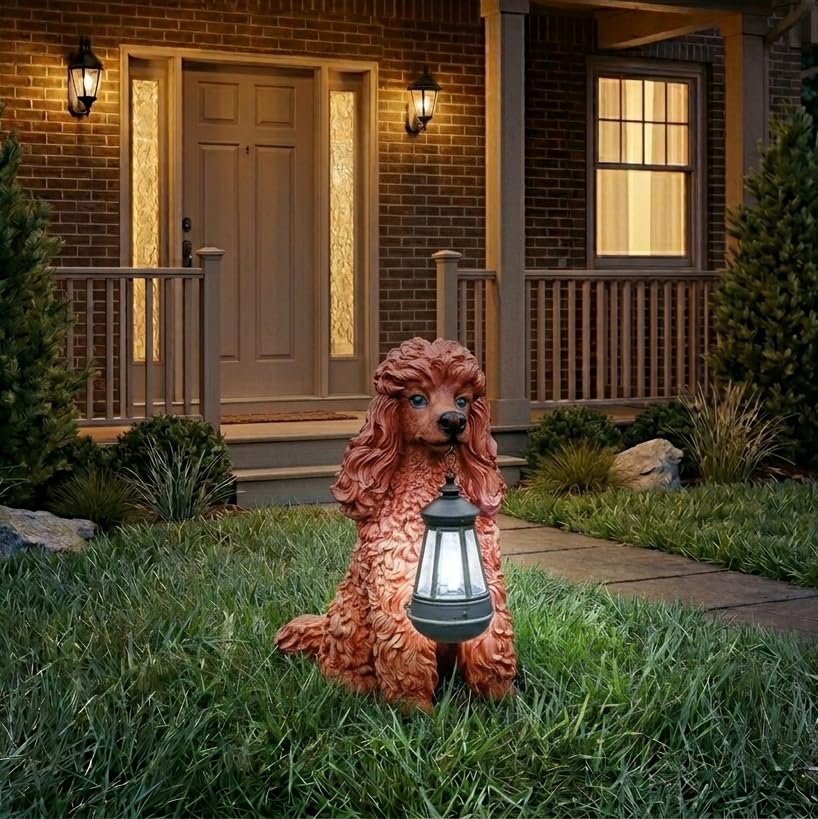 Lifelike Black and White Cocker Spaniel Garden Statue with Solar Lantern and Decorative Tag, Resin Puppy Figurine Outdoor Decor, Yard Art for Patio Lawn Porch