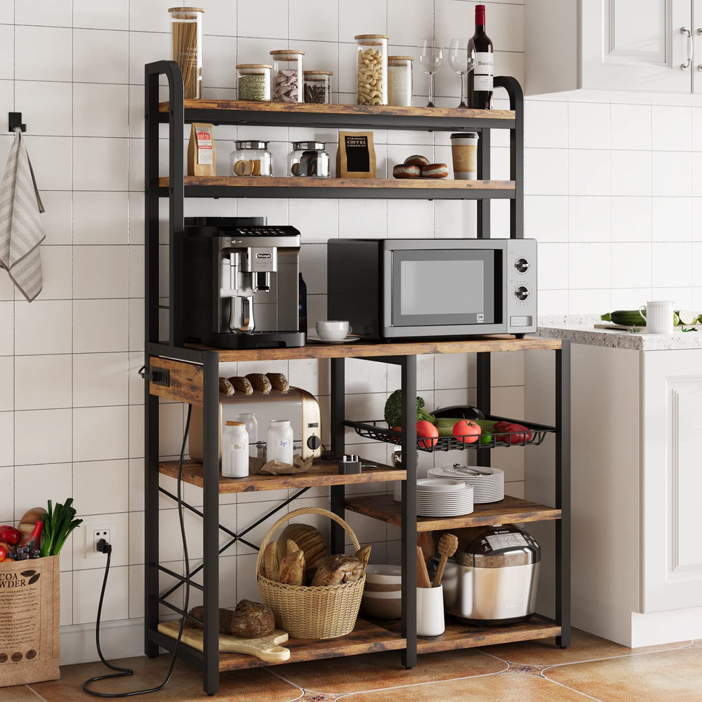 IDEALHOUSE Bakers Rack with Power Outlet, Coffee Bar with Wire Drawer, Industrial Microwave Stand, Kitchen Buffet Table with Large Storage, 6-Tier Kitchen Storage Rack with Hutch, Rustic Brown