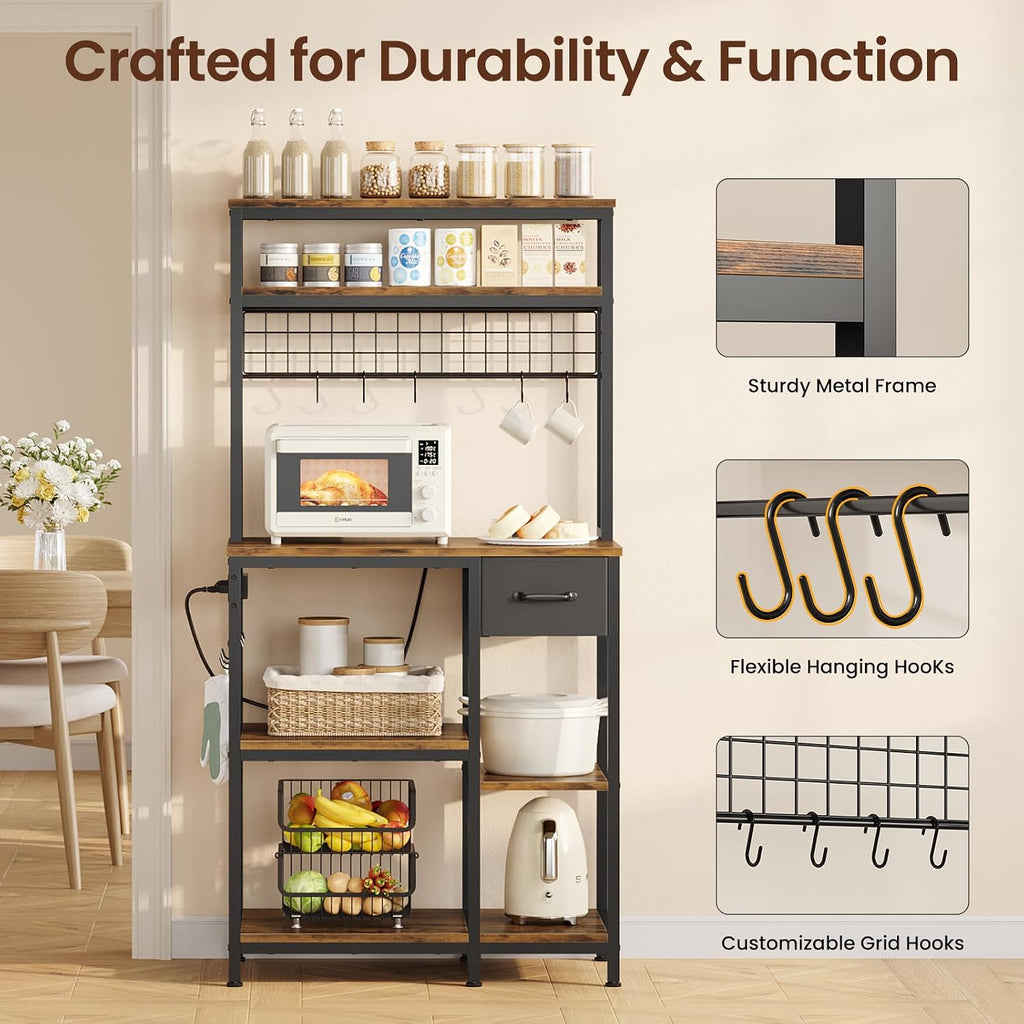 30" Kitchen Small Bakers Rack with Power Outlet & LED Light, 6-Tier Microwave Stand with Storage Drawer, Coffee Bar Shelf with 8 S-Shaped Hooks, Metal Kitchen Storage Shelf, Rustic Brown