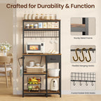 30" Kitchen Small Bakers Rack with Power Outlet & LED Light, 6-Tier Microwave Stand with Storage Drawer, Coffee Bar Shelf with 8 S-Shaped Hooks, Metal Kitchen Storage Shelf, Rustic Brown