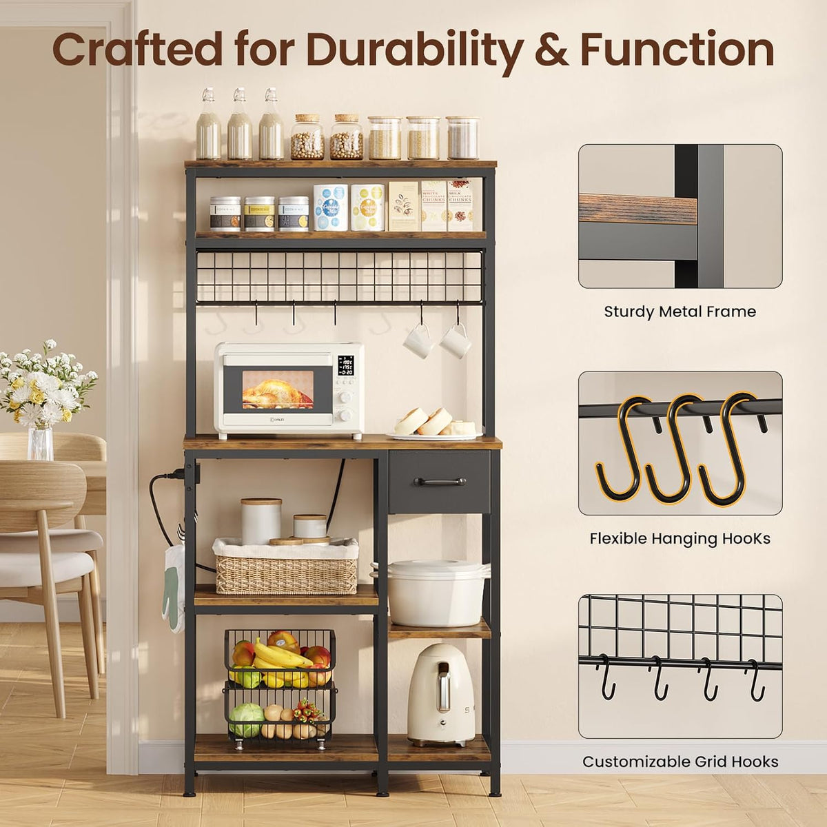 30" Kitchen Small Bakers Rack with Power Outlet & LED Light, 6-Tier Microwave Stand with Storage Drawer, Coffee Bar Shelf with 8 S-Shaped Hooks, Metal Kitchen Storage Shelf, Rustic Brown