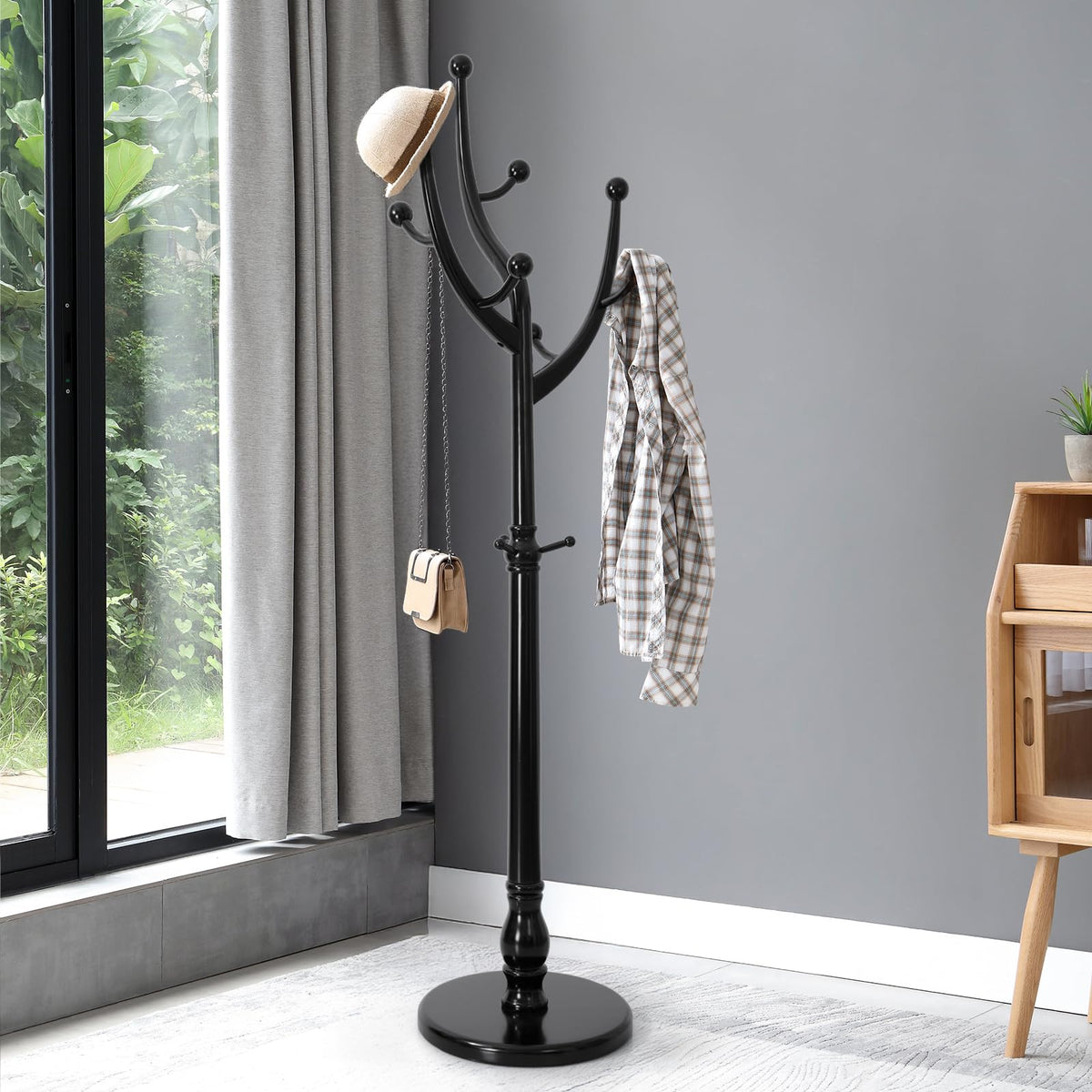 Bekrvio Coat Rack Freestanding Wood Coat Tree Rack with 8 Hooks, Walnut
