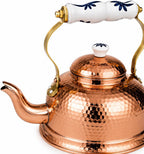 Handcrafted Portuguese Hammered Copper Tea Kettle with Tin-Lined Interior, Ceramic Floral Handle & Lid, 54 oz., Made in Portugal, Traditional Copper Teapot for Tea, Hot Water & Kitchen Display