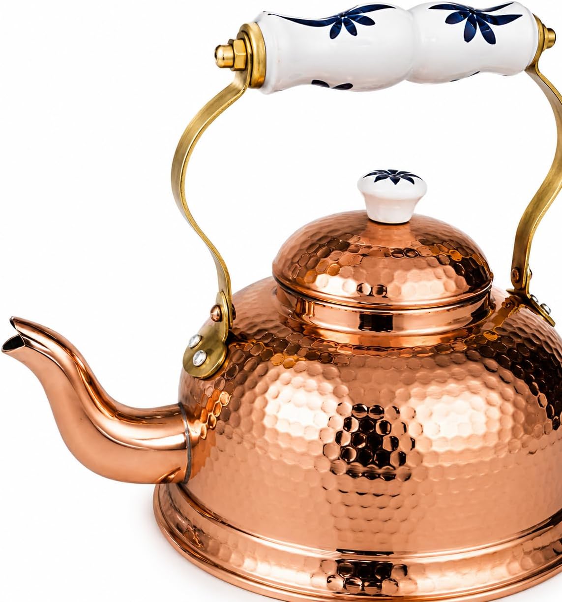 Handcrafted Portuguese Hammered Copper Tea Kettle with Tin-Lined Interior, Ceramic Floral Handle & Lid, 54 oz., Made in Portugal, Traditional Copper Teapot for Tea, Hot Water & Kitchen Display