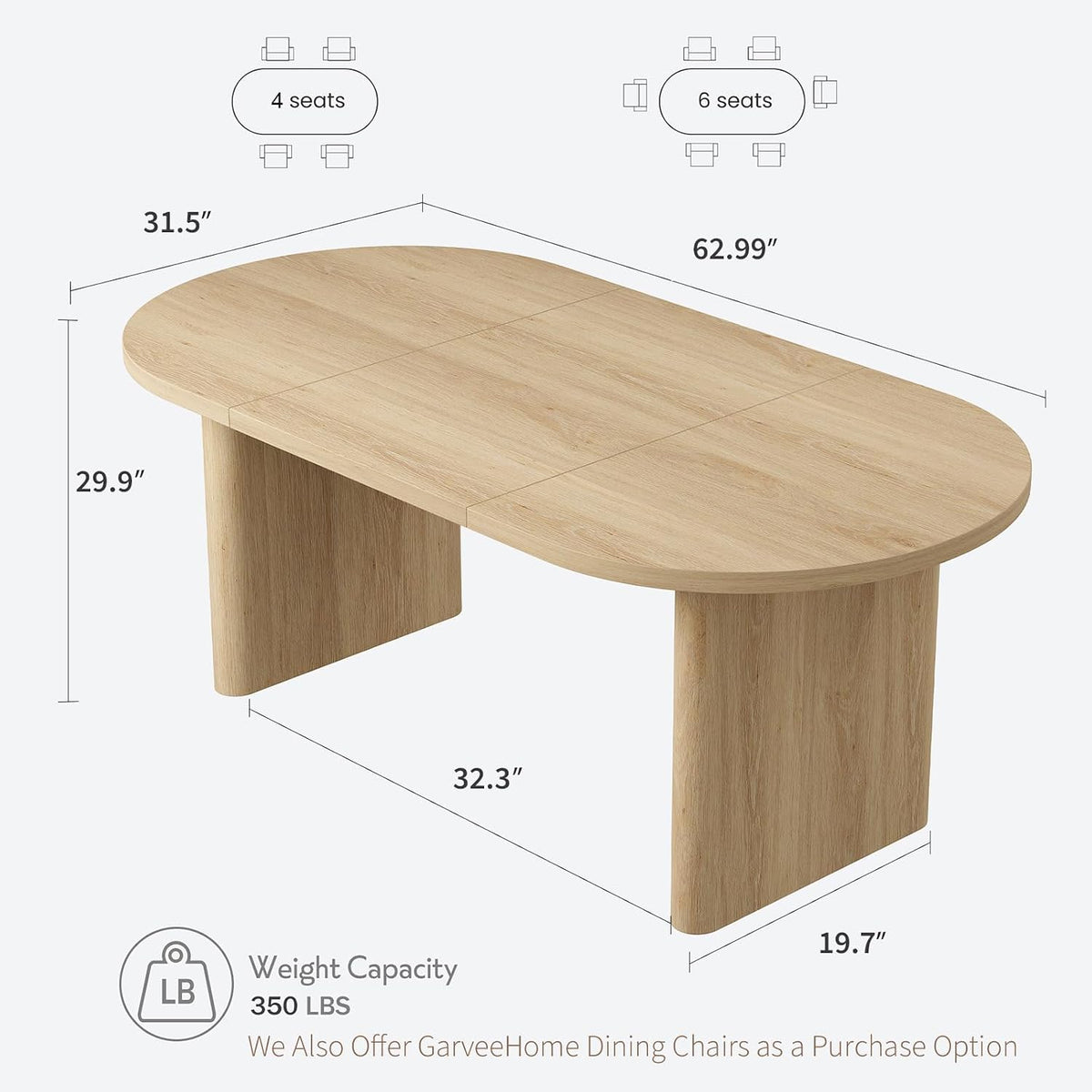 GarveeHome 63" Long Oval Dining Table with Wooden Base for 4-6 People