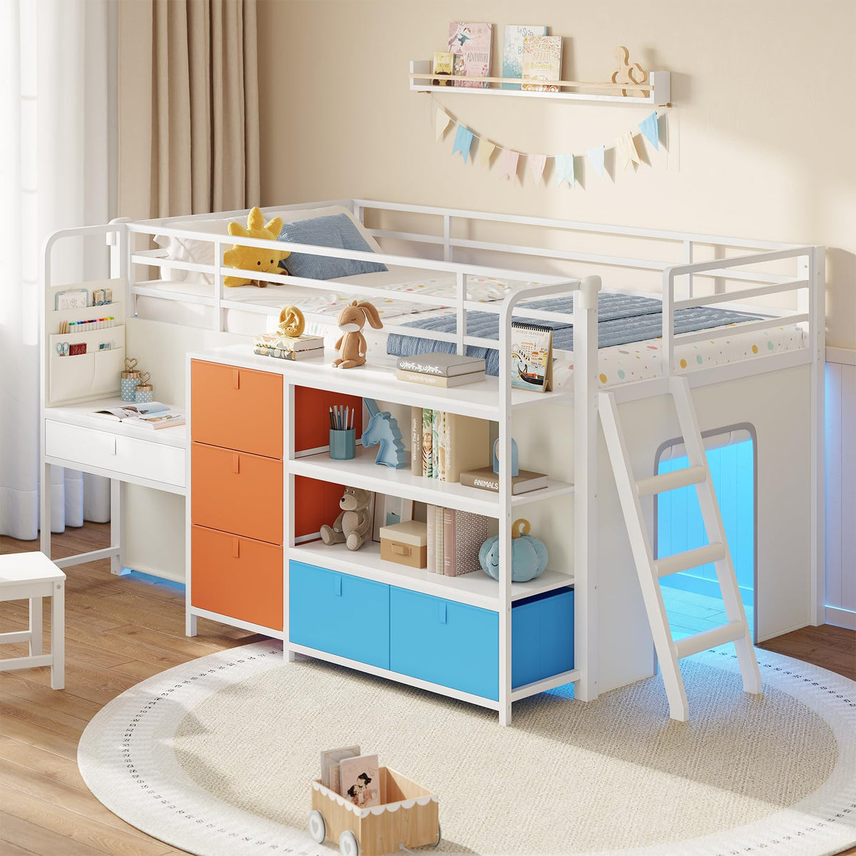 DICTAC Low Loft Bed with Slide,Storage Stairway and Led Lights Metal Twin Size Loft Bed with Under-Bed Play Space,Art Table & Play Curtain Twin Beds with 2 Drawers and 13.8''H Safety Guardrail,Black