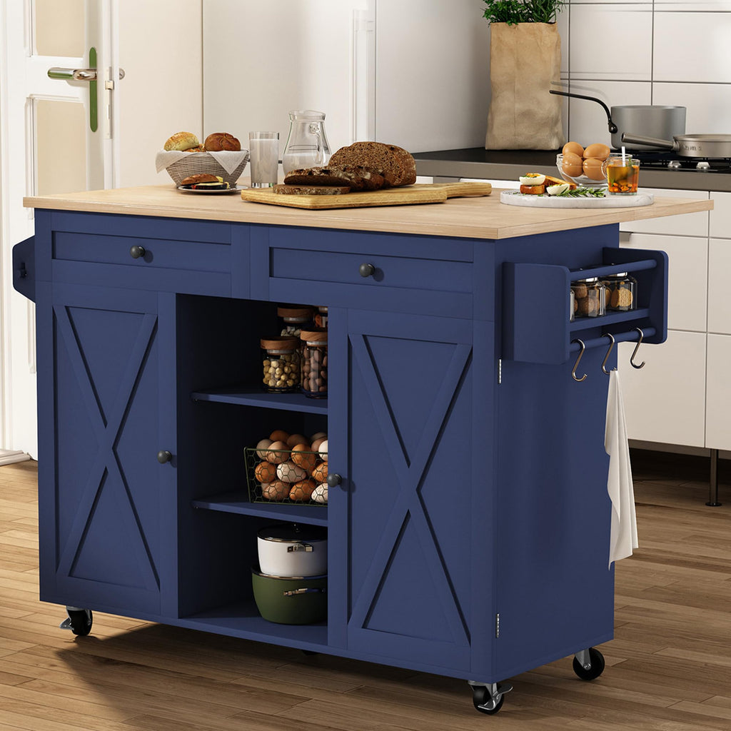 HLR Farmhouse Kitchen Island On Wheels, Teal Green