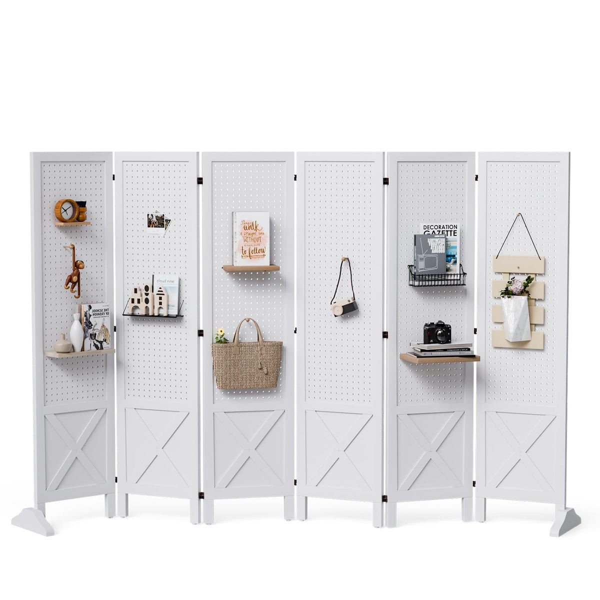 VINGLI Freestanding Pegboard with Support Feet, 5 FT Wood Room Divider Display Board Organizer, Folding Privacy Screen Partition Space Separator for Craft Shows Events Retail (White, 4 Panel)
