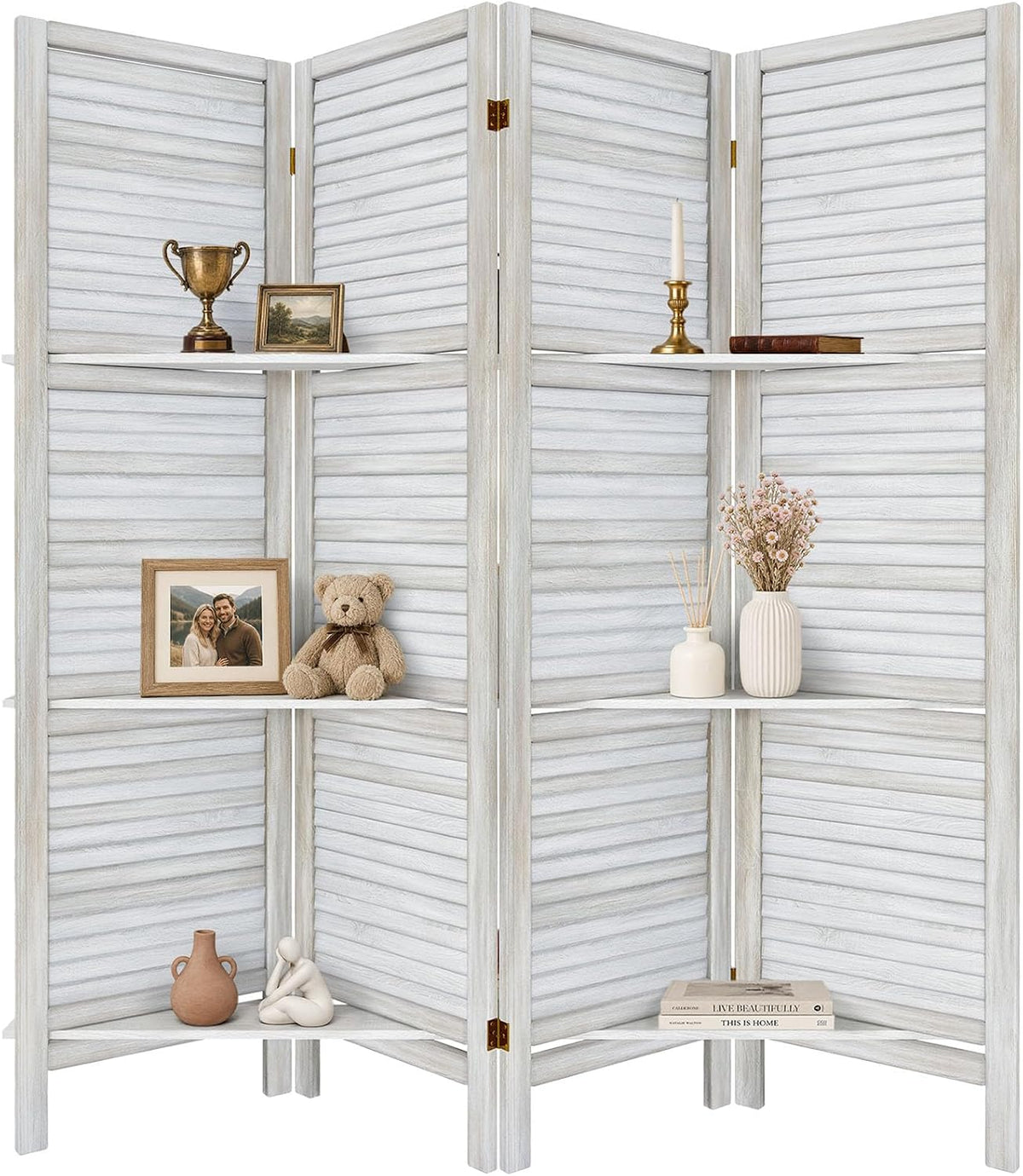TEAKMAMA Room Divider, Room Divider with Shelves, 4 Panel,Distressed White