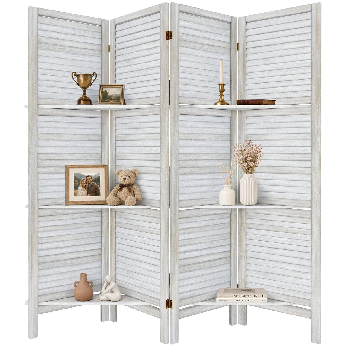 TEAKMAMA Room Divider, Room Divider with Shelves, 4 Panel,Distressed White