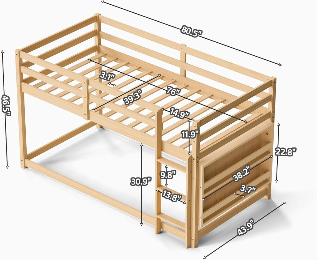 TOLEAD Low Bunk Bed Twin Over Twin, Floor Bunk Bed with Bookshelf&Ladder, Twin Bunk Bed with Full Guardrails, Wooden Bunk Bed for Juniors, Boys, Girls, Kids, Bedrooms (Natural)