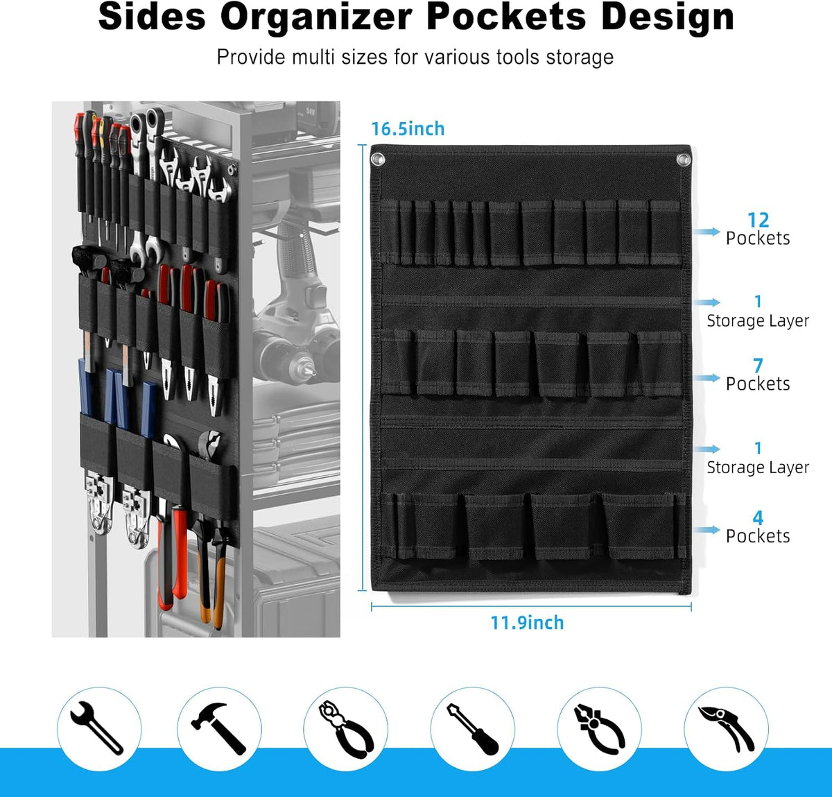 JUNNUJ Power Tool Organizer Cart with Charging Station, 6 FT Cord, Black