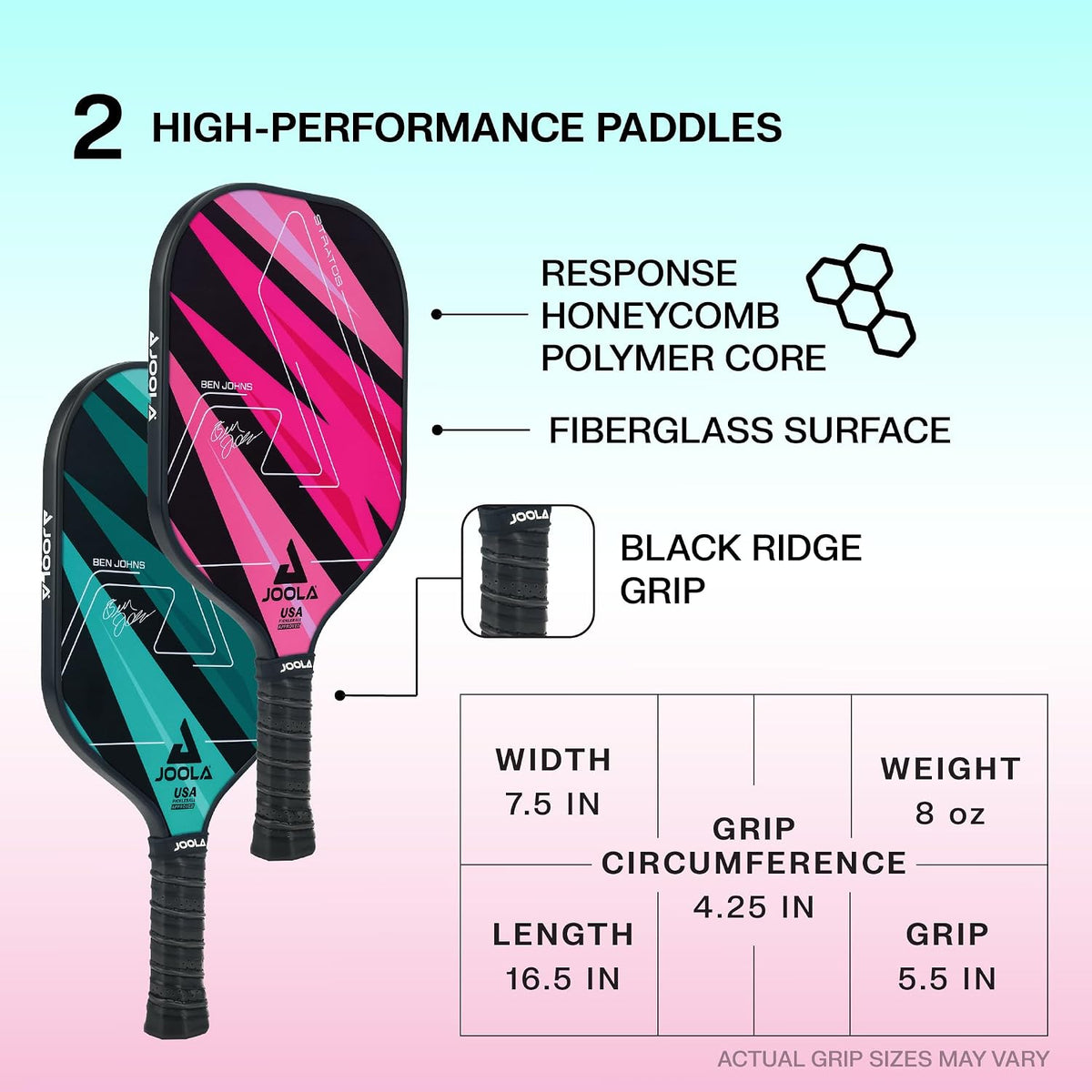 JOOLA Pickleball Paddles Set of 2 – Multiple Colors - Reinforced Fiberglass Surface – Lightweight, Durable, Beginner-Friendly Racket Design – Set Includes Balls & Bag – USAP Approved