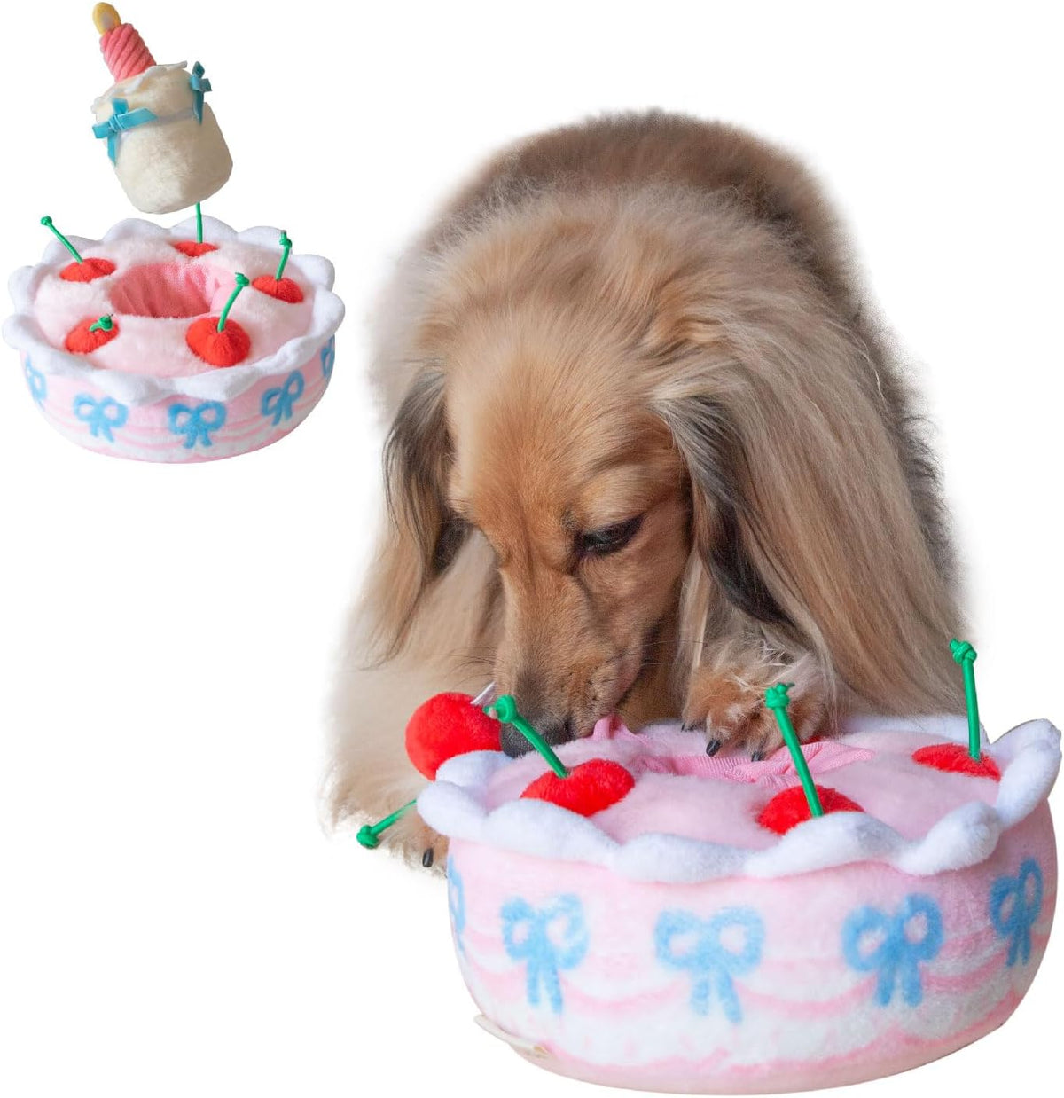 Birthday Cake Snuffle Toy Set, Interactive Enrichment Plush Cake with Squeaker Candle, Treat-Hiding Pocket in Cherries, Crinkle Cake Box and a Party Hat for a Cute Photo
