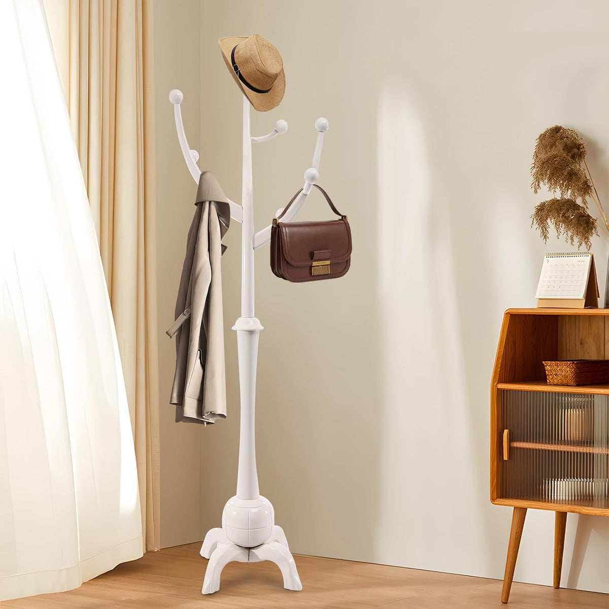 70 Inch Floor Coat Tree with 8 Hooks, Free Standing Coat Rack Modern Clothes Rack Wooden Garment Rack White for Entrance Living Room Bedroom