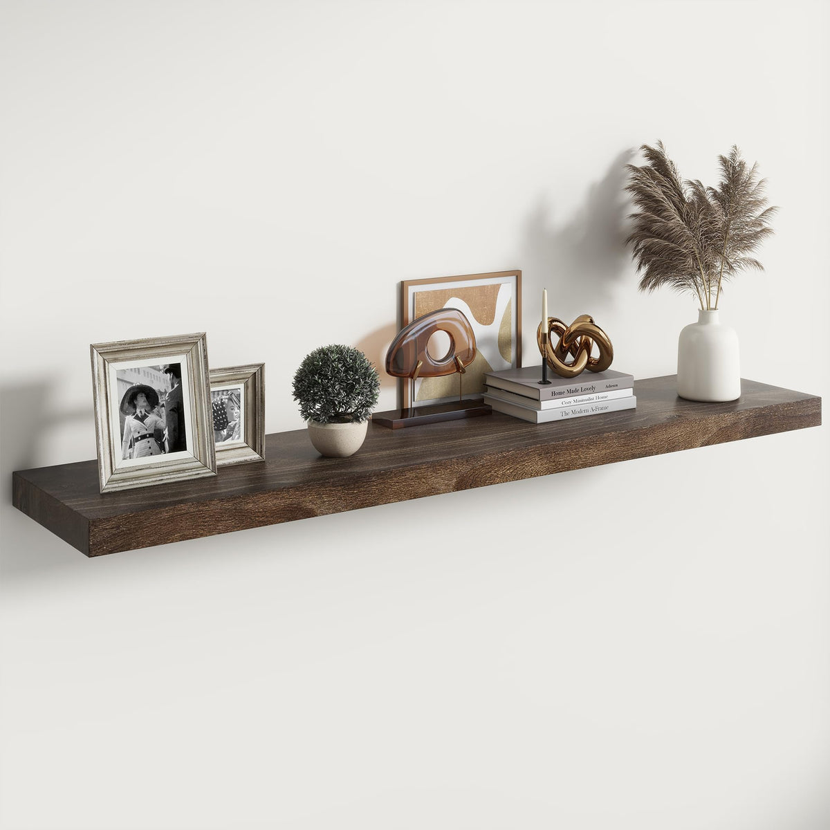 Live Edge Elm Floating Shelves - 24 In Rustic Solid Wood Shelves with Heavy-Duty Invisible Bracket, Wall-Mounted Wooden Shelf for Living Room, Bathroom, Kitchen Storage & Display, Set of 2, Natural