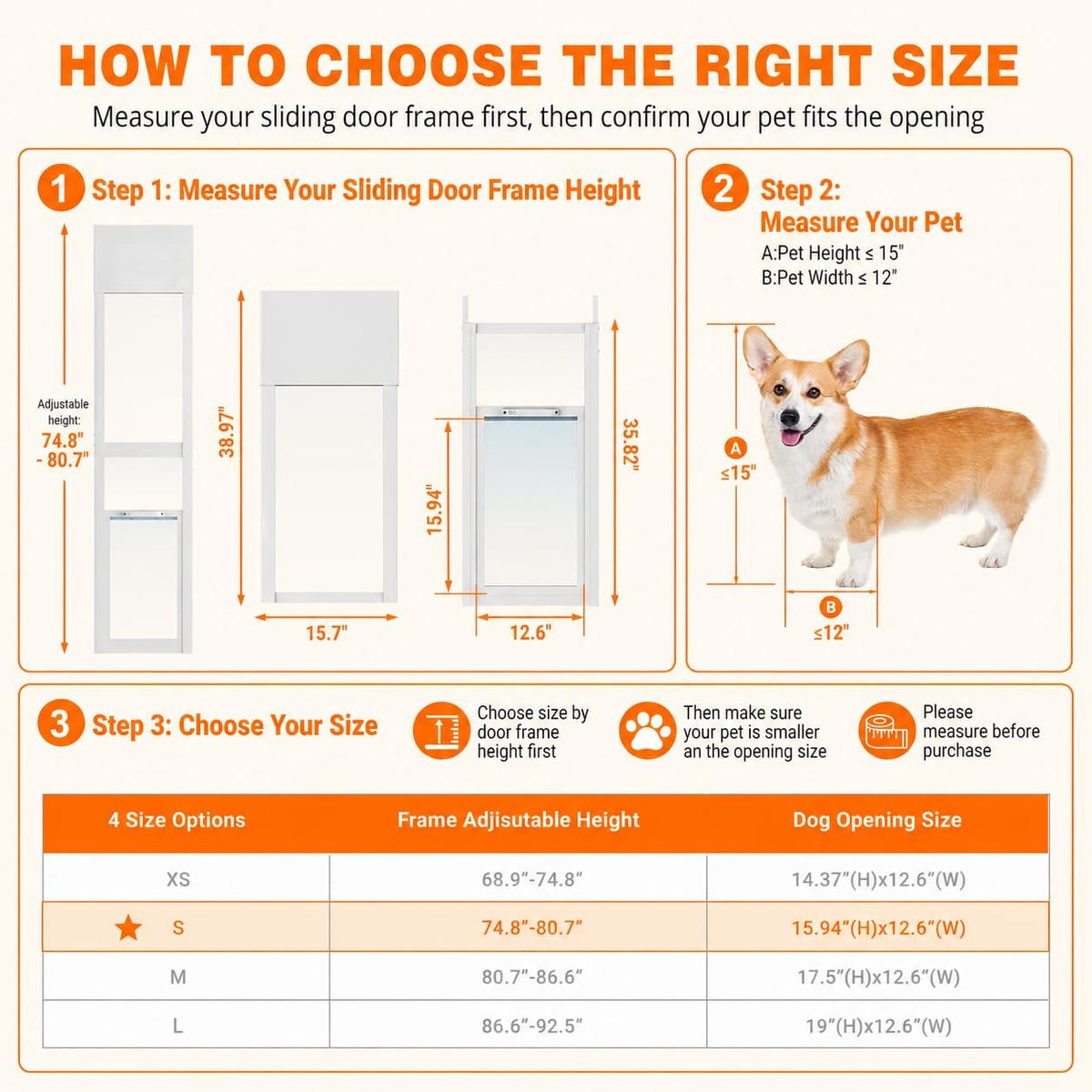 Dog Door for Sliding Glass Door, 74.8" - 80.7" Adjustable Height