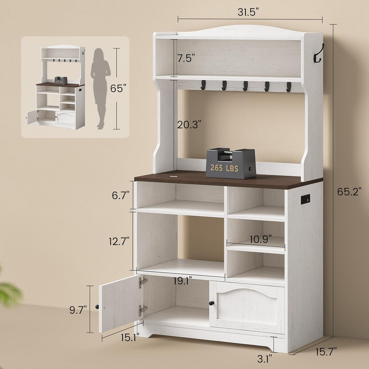Bakers Rack with Storage and Power Outlet, 31.5 inch Farmhouse Coffee Bar Cabinet, Microwave Stand with Storage Cabinet, 7 Hooks and Curved Design for Kitchen, Coffee Bar, Walnut, White